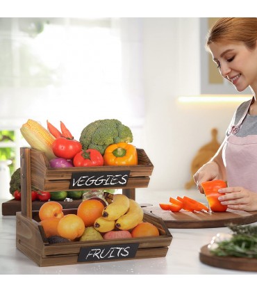 Obstkorb aus Holz mit Tafeln 2-stufiger Obst und Gemüse Aufbewahrung Obstschale für Küchenarbeitsplatte Home Dekorative Lagerung Obst Etagere Obstregal - BNZXMAJB