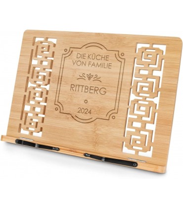 Maverton Buchständer mit Gravur personalisiert faltbar mit 2 Seitenhalter 5-stufig verstellbar Kochbuchhalter für Paare aus Bambus Farbe: Hellbraun Familie - BZISJ462