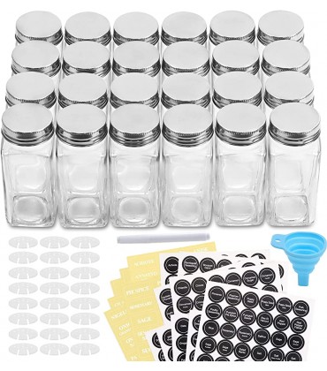 Aozita 24 Stück Glas-Gewürzdosen Flaschen – 118 ml leere quadratische Gewürzbehälter mit 810 Gewürz-Etiketten – Streudeckel und luftdichte Metallkappen – Silikon-Trichter inklusive - BHPSJ4D7