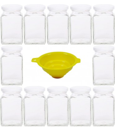 Viva Haushaltswaren 12 x eckiges Marmeladenglas Gewürzglas 260 ml mit weißem Schraubverschluss Gläser Set mit Deckel als Einmachgläser Vorratsdose etc. verwendbar inkl. Trichter - BPNUUN8A