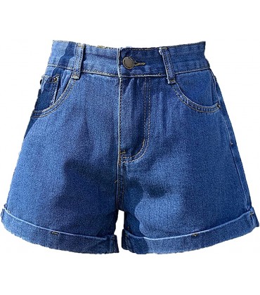 Generic Damen Hoher Taille Rollsaum Jeans-Shorts Vintage Gerade Beintaschen Jeans-Shorts Entspannte Passform Bequeme Jeans-Shorts - BCHXAQ7D