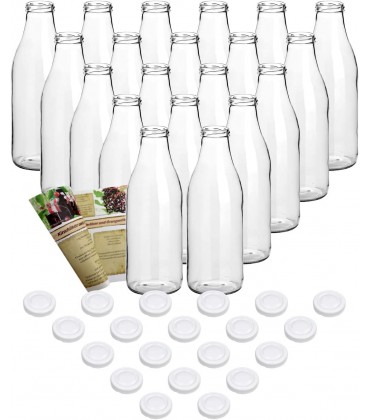 gouveo 20er Set Saftflasche 1000 ml mit Schraub-Deckel weiß Große Glasflasche 1 Liter mit TO48 Verschluss Leere Flasche zum Befüllen für Küche und Haushalt - BBHZOQNB