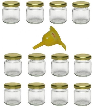 Viva Haushaltswaren 12 x Mini Einmachglas 53 ml mit goldfarbenem Deckel runde Glasdosen als Marmeladengläser Gewürzdosen Gastgeschenk etc. verwendbar inkl. Trichter Ø 12,3 cm - BWZPIKMV
